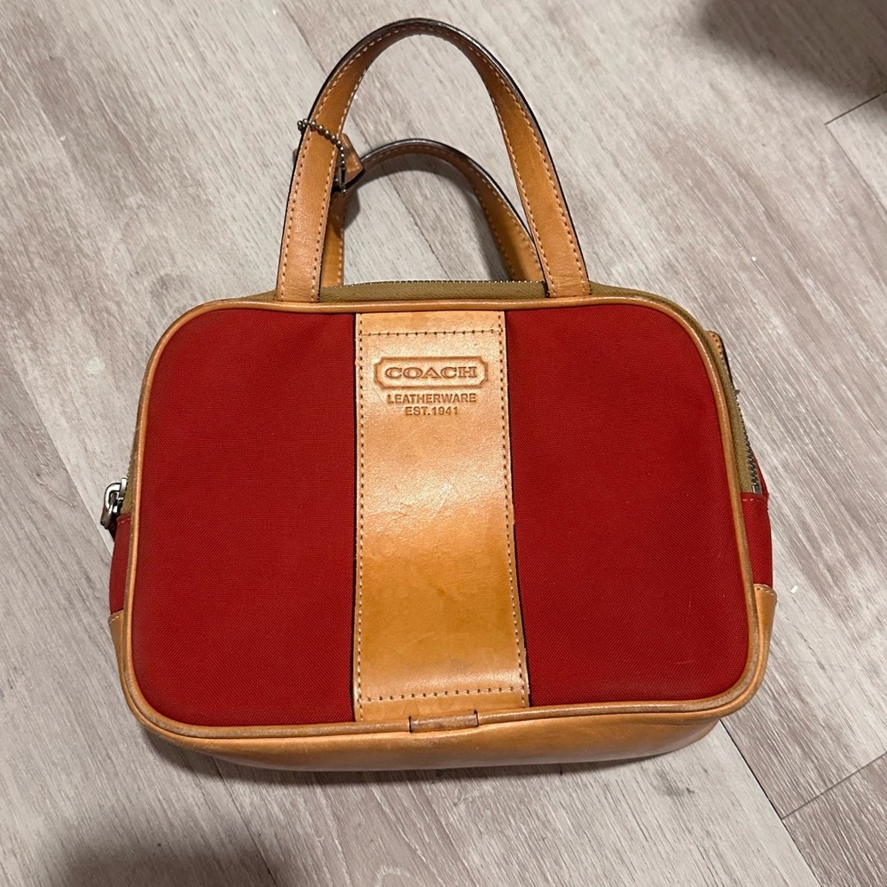 Coach Red Canvas handbag with Tan Leather Trim
